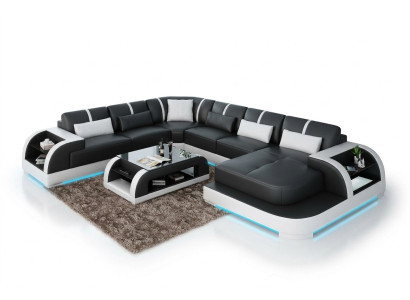 Sofá de cuero moderno con diseño de salón en forma de U, esquinero con iluminación LED y USB.