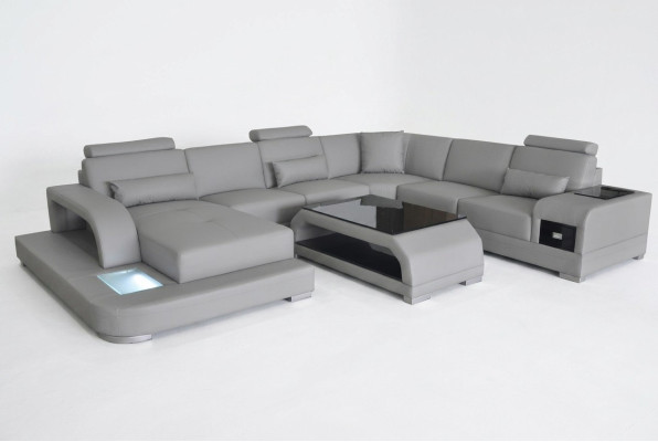 Sofá de esquina con asientos de sofá USB Gris Cuero moderno Sofá de sala de estar