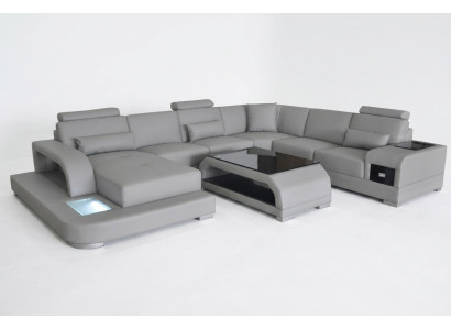 Sofá de esquina con asientos de sofá USB Gris Cuero moderno Sofá de sala de estar