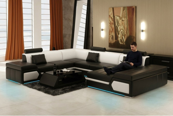 Sofá de cuero Sofá Chaise longue Sofá Esquina Juego de sofás Diseño Moderno Negro + USB