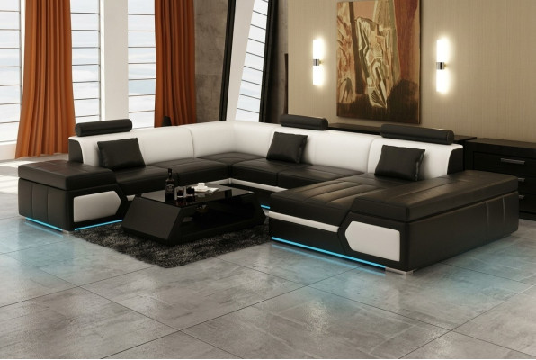 Sofá de cuero Sofá Chaise longue Sofá Esquina Juego de sofás Diseño Moderno Negro + USB