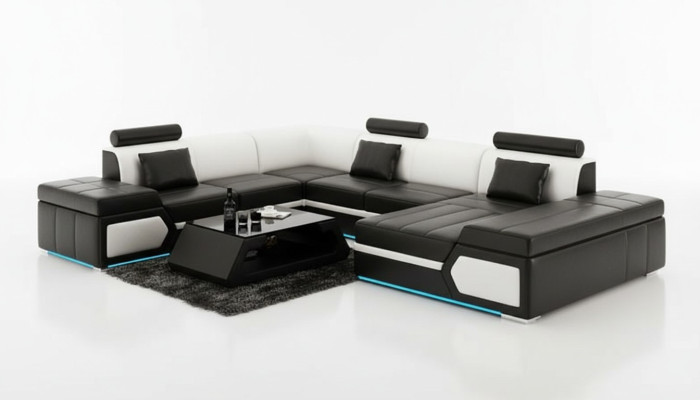 Sofá de cuero Sofá Chaise longue Sofá Esquina Juego de sofás Diseño Moderno Negro + USB