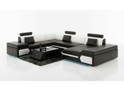 Sofá de cuero Sofá Chaise longue Sofá Esquina Juego de sofás Diseño Moderno Negro + USB