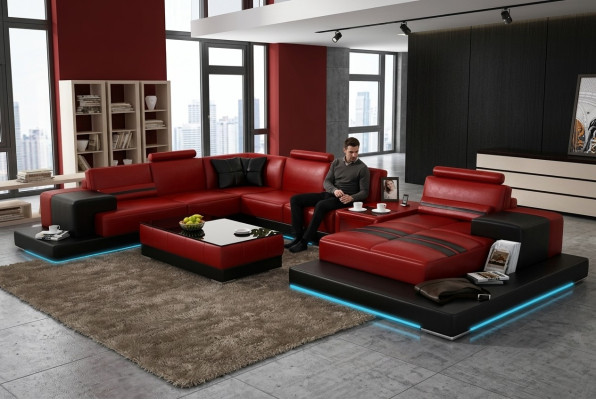 Sofá de cuero Sofá de sala de estar Sofá de esquina Sofá de esquina diseño moderno Sofá + USB