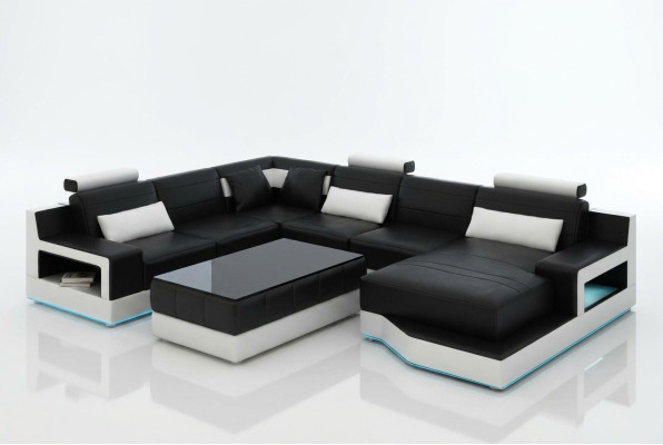 Diseño de sofá de esquina de cuero para sala de estar, conjunto moderno de sofá negro en esquina con USB nuevo.