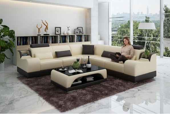 Sofá de esquina en forma de L Salon Mesa de diseñador Sofá Sofá de cuero de tapicería en forma de L