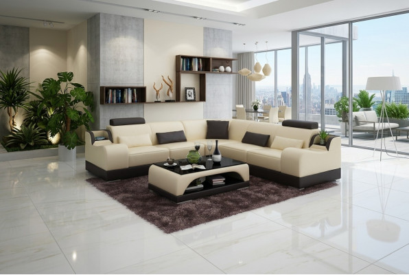 Sofá de esquina en forma de L Salon Mesa de diseñador Sofá Sofá de cuero de tapicería en forma de L