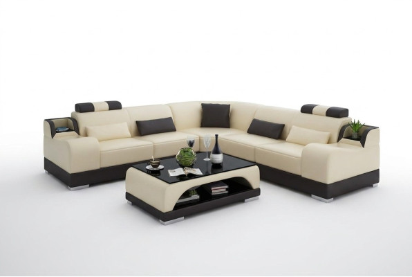 Sofá de esquina en forma de L Salon Mesa de diseñador Sofá Sofá de cuero de tapicería en forma de L