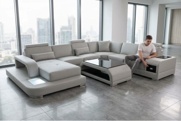 Sofá de cuero para sala de estar, sofá de esquina, conjunto de asientos, salón, sofá, sofá + USB + mesa