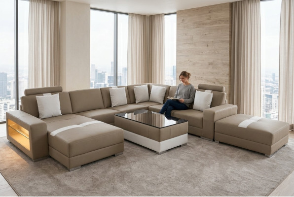 Sofá de esquina en forma de U Cojines de asiento de esquina de cuero sofás de diseño moderno + USB
