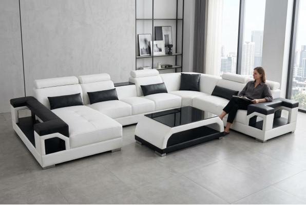 Sofá en esquina de cuero Sofá asientos moderno diseño salón + mesa + USB