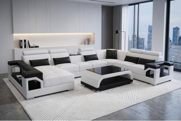Sofá en esquina de cuero Sofá asientos moderno diseño salón + mesa + USB