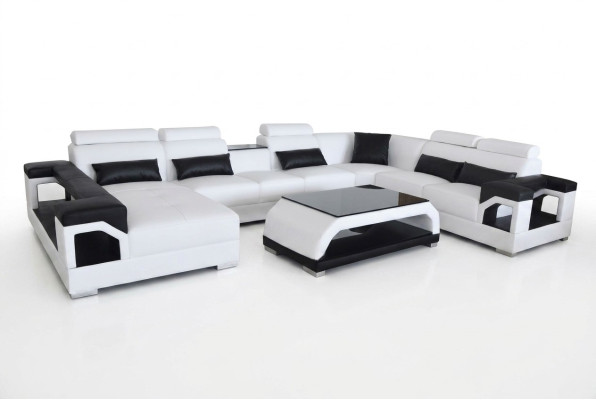 Sofá en esquina de cuero Sofá asientos moderno diseño salón + mesa + USB