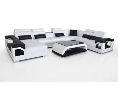Sofá en esquina de cuero Sofá asientos moderno diseño salón + mesa + USB