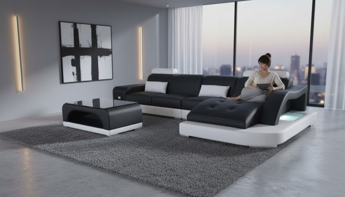Sofá de esquina, mesa tapizada, sofá, sofás, salón con puerto USB, conjunto de lujo de esquina.