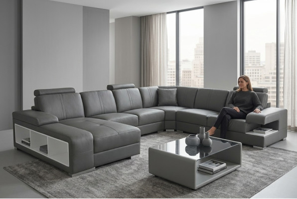 Sala de estar sofá sofá cuero acolchado esquina asiento conjunto forma de U paisaje habitable +USB