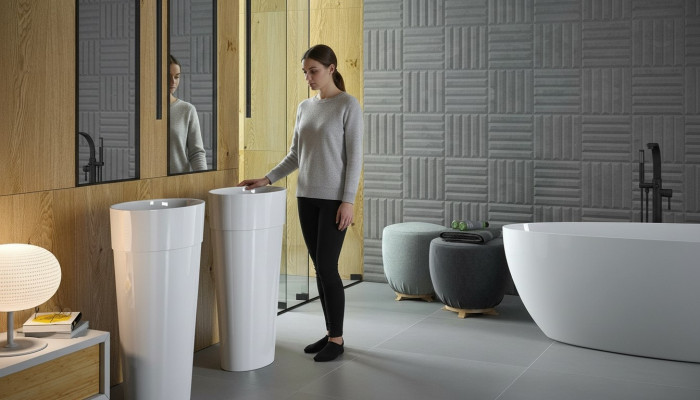 Lavabo de diseño moderno de acrílico para baño, pedestal independiente.
