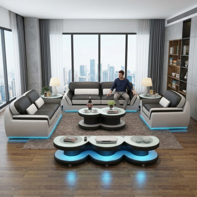 Sofá de cuero Sofá Conjunto de sofás Nuevo 3+2+1 plaza Set de diseño Sofá moderno + USB