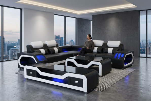 Sofá de cuero en forma de L con diseño moderno y mesa de centro con USB