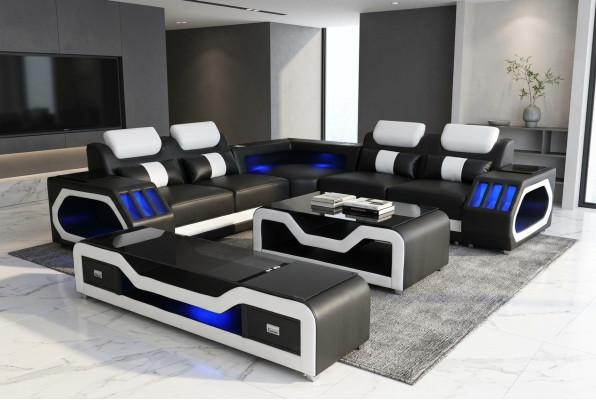 Sofá de cuero en forma de L con diseño moderno y mesa de centro con USB
