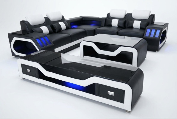 Sofá de cuero en forma de L con diseño moderno y mesa de centro con USB