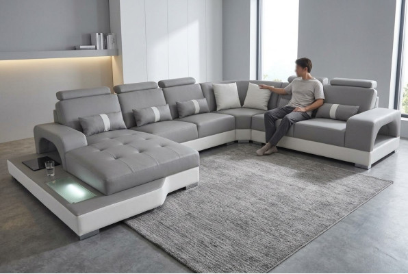 Sofá de esquina de cuero conjunto de sala de estar diseño moderno sofá sofás con USB LED nuevo