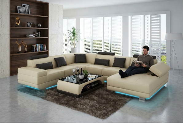 Sofá de cuero Conjunto de sofás de salón Sofá de esquina Juego de sofás de esquina Diseño Sofá moderno Beige USB