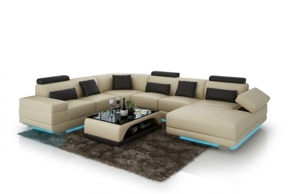 Sofá de cuero Conjunto de sofás de salón Sofá de esquina Juego de sofás de esquina Diseño Sofá moderno Beige USB