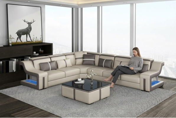 XXL sofá esquinero con USB sofá esquinero para sala de estar mesa sofá cojín asiento de cuero
