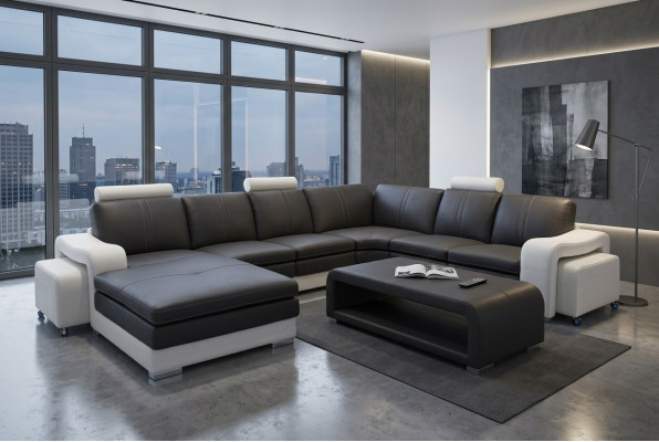 Sofá esquinero de cuero + USB, conjunto de muebles de asiento acolchado de sofá diseño moderno de paisaje.