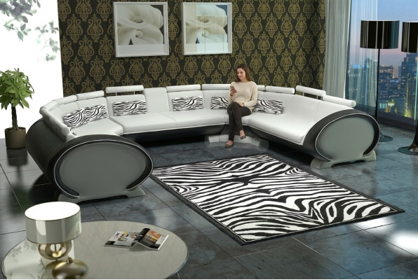 Sofá de esquina de cuero de diseñador moderno en forma de U con cojines de asiento + USB.