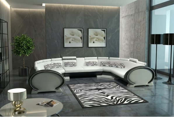 Sofá de esquina de cuero de diseñador moderno en forma de U con cojines de asiento + USB.
