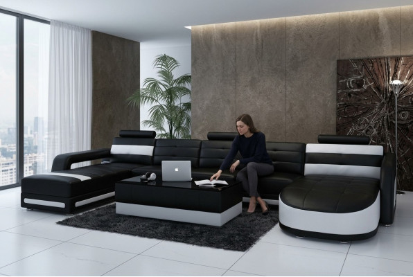 Sofá de cuero Sofá Chaise longue Esquinero Conjunto de sofás Moderno diseño de sofá con USB