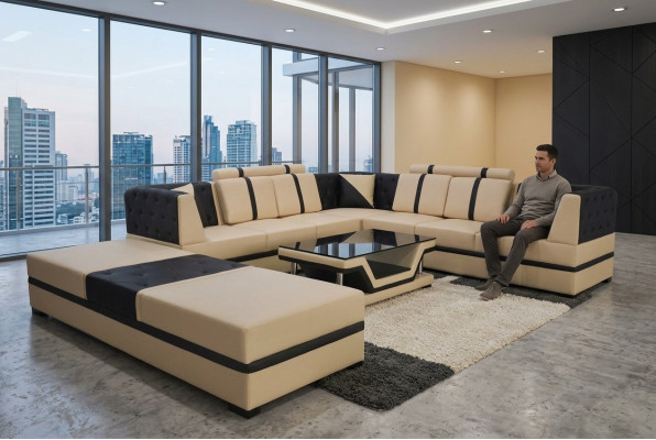 Sofá de esquina de cuero con tapicería, diseño de paisaje de asientos, muebles + USB