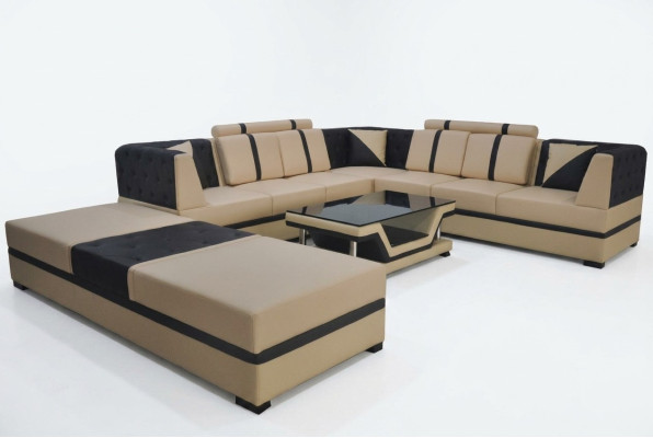 Sofá de esquina de cuero con tapicería, diseño de paisaje de asientos, muebles + USB