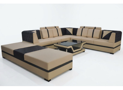 Sofá de esquina de cuero con tapicería, diseño de paisaje de asientos, muebles + USB