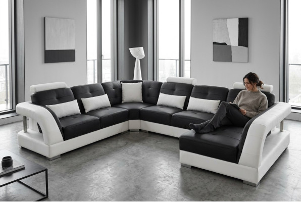 Diseño de sofá de esquina de cuero para sala de estar, sofá moderno con esquina USB, nuevo conjunto negro