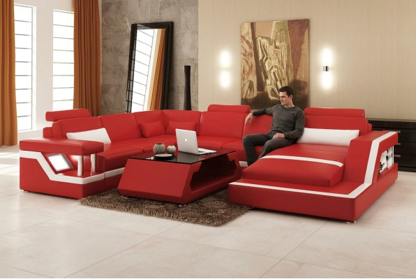Diseño de sofá de esquina de cuero para salón, moderno juego de sofá esquinero rojo con USB + LED.