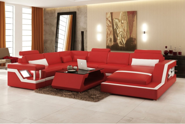 Diseño de sofá de esquina de cuero para salón, moderno juego de sofá esquinero rojo con USB + LED.
