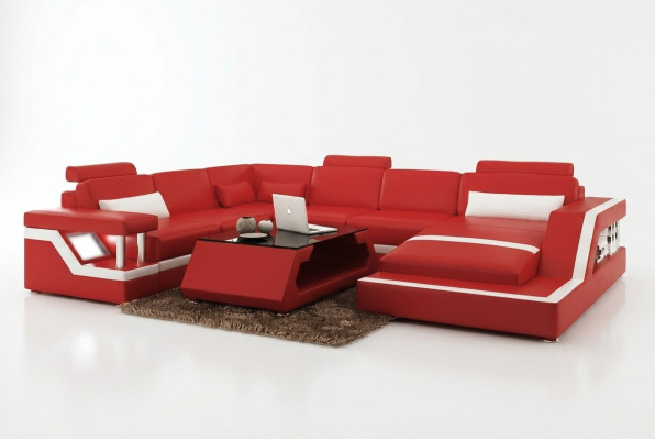 Diseño de sofá de esquina de cuero para salón, moderno juego de sofá esquinero rojo con USB + LED.