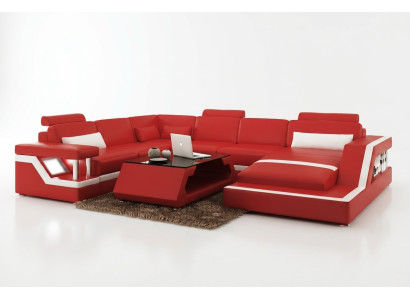 Diseño de sofá de esquina de cuero para salón, moderno juego de sofá esquinero rojo con USB + LED.