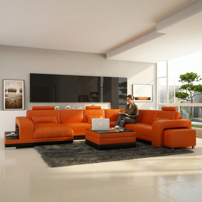 Diseño de sofá de esquina de cuero para sala de estar con esquina moderna, conjunto de sofá, nuevo, color naranja, USB.