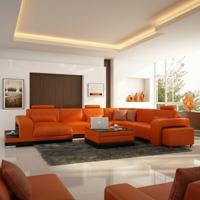 Diseño de sofá de esquina de cuero para sala de estar con esquina moderna, conjunto de sofá, nuevo, color naranja, USB.