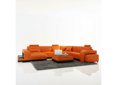 Diseño de sofá de esquina de cuero para sala de estar con esquina moderna, conjunto de sofá, nuevo, color naranja, USB.