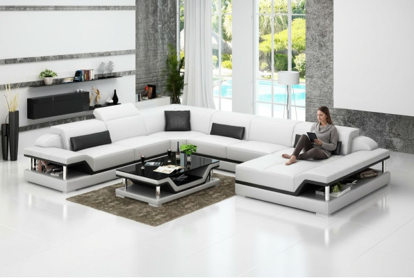 Diseño de sofá de esquina de cuero para sala de estar, sofá moderno, conjunto de muebles, esquina, nuevo, blanco, USB.
