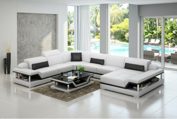 Diseño de sofá de esquina de cuero para sala de estar, sofá moderno, conjunto de muebles, esquina, nuevo, blanco, USB.