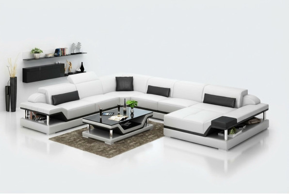 Diseño de sofá de esquina de cuero para sala de estar, sofá moderno, conjunto de muebles, esquina, nuevo, blanco, USB.