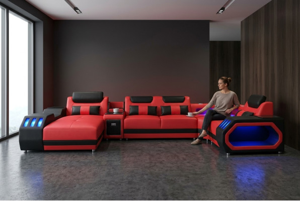 Sofá de cuero Sofá Sofá de diseño de salón Juego de muebles Sofá moderno en forma de U con puerto USB