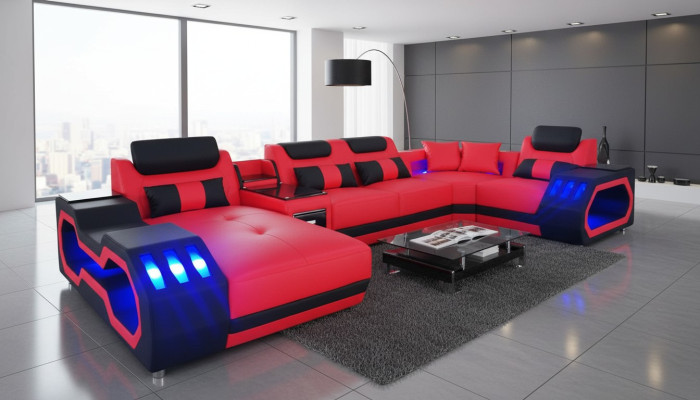 Sofá de cuero Sofá Sofá de diseño de salón Juego de muebles Sofá moderno en forma de U con puerto USB