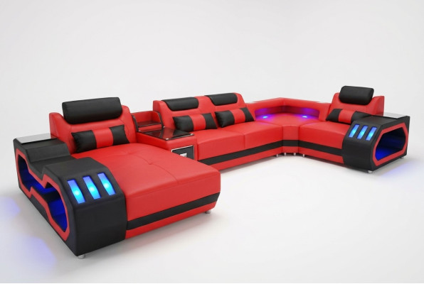 Sofá de cuero Sofá Sofá de diseño de salón Juego de muebles Sofá moderno en forma de U con puerto USB